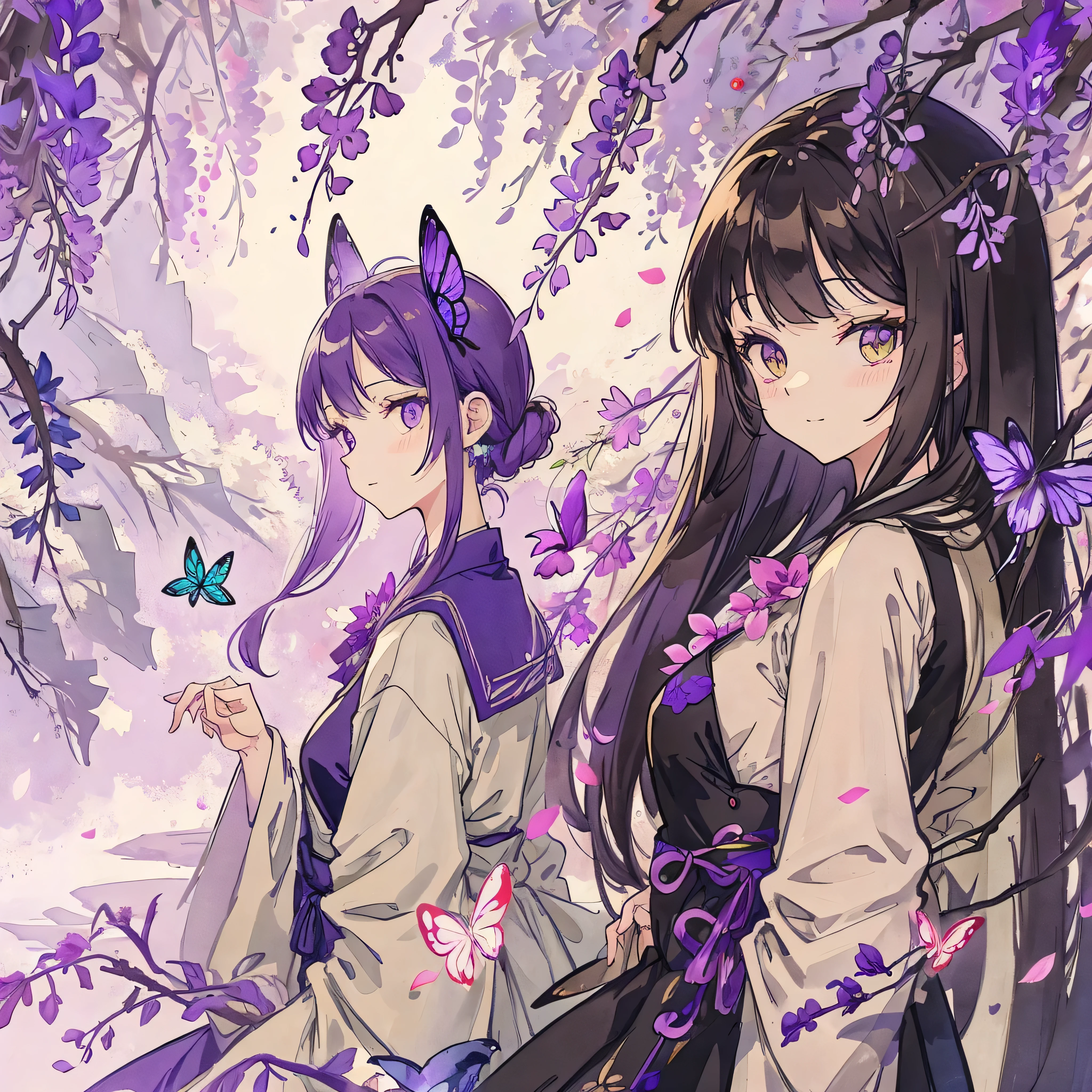 wisteria forest, dark night, Beautifully Aesthetic,wisteria, peace, tranquility, serenity, petals, butterflies,