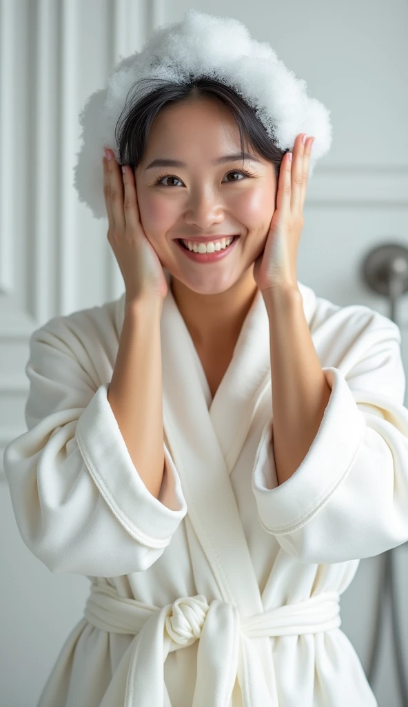 Create an Asian middle-aged beauty,Beautiful big eyes,Wearing a white satin bathrobe,Scratching the scalp with both hands,Two hands washing hair on top of head,There is a lot of foam on the head,Foam wrap head,Realistic foam,The expression is happy,front,The characters are realistic and realistic,Pure white bathroom background,Character front position,9:16 frames,Ultra-high-definition picture quality