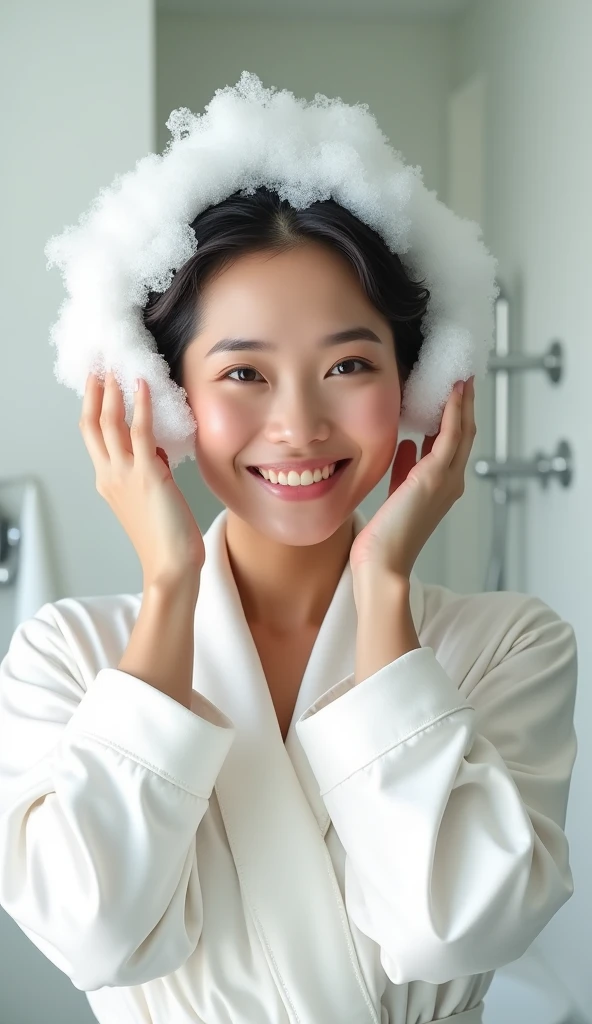 Create an Asian middle-aged beauty，Beautiful big eyes，Wearing a white satin bathrobe，Scratching the scalp with both hands，Two hands washing hair on top of head，There is a lot of foam on the head，Foam wrap head，Realistic foam，The expression is happy，front，The characters are realistic and realistic，Pure white bathroom background，Character front position，9:16 frames，Ultra-high-definition picture quality