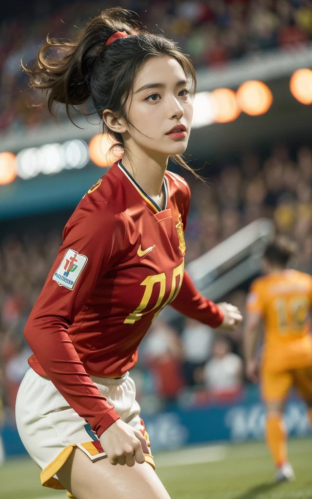 Ultra-high resolution，High-resolution details，(((best quality))), (((Extremely detailed))), (((masterpiece))),  Female footballer, Spanish Team, Red jersey, determination, Playing football on the field，Shooting，Energetic crowd full of football, Vibrant atmosphere, electrical, Inspiring, chaotic，Women's World Cup