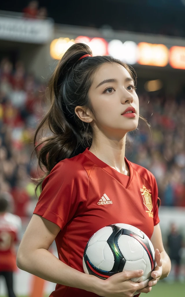 Ultra-high resolution，High-resolution details，(((best quality))), (((Extremely detailed))), (((masterpiece))),  Female footballer, Spanish Team, Red jersey, determination, Playing football on the field，Shooting，Energetic crowd full of football, Vibrant atmosphere, electrical, Inspiring, chaotic，Women's World Cup