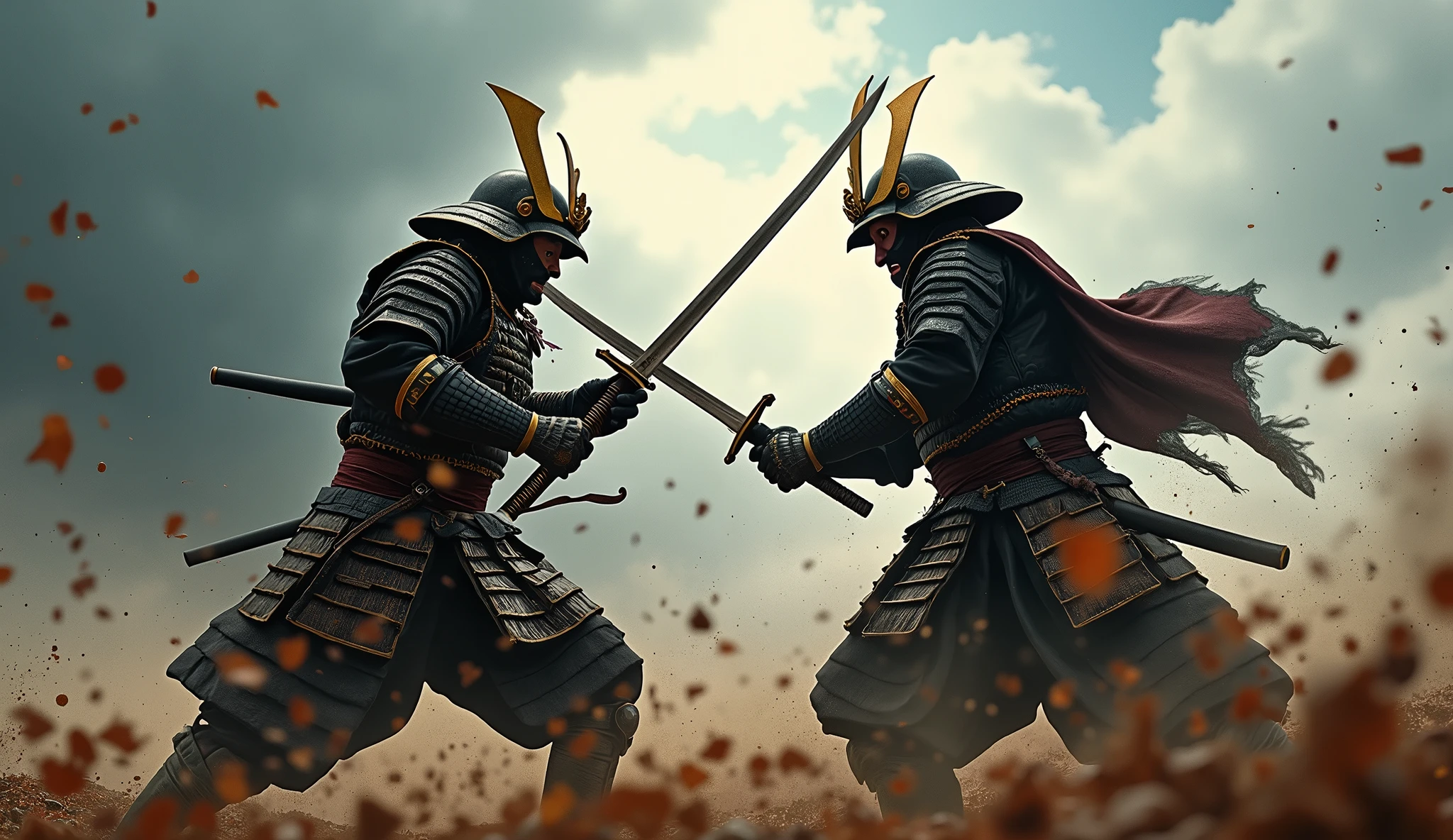 Two Japanese samurai\(beautiful armor, beautiful japanese swords,samurai mask\) in single combat,at cloudy battle field, dynamic camera work,dynamic pose,dynamic action,dynamic action movie,motion blur,close-up the fight,bloody