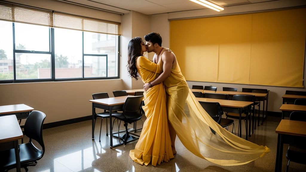 A 25 year old man hugging and kissing A 25 year old beautiful South Indian plus sized golden colour chiffon saree and black colour chiffon shirt wearing women in class room, full body image, photo taken from distance