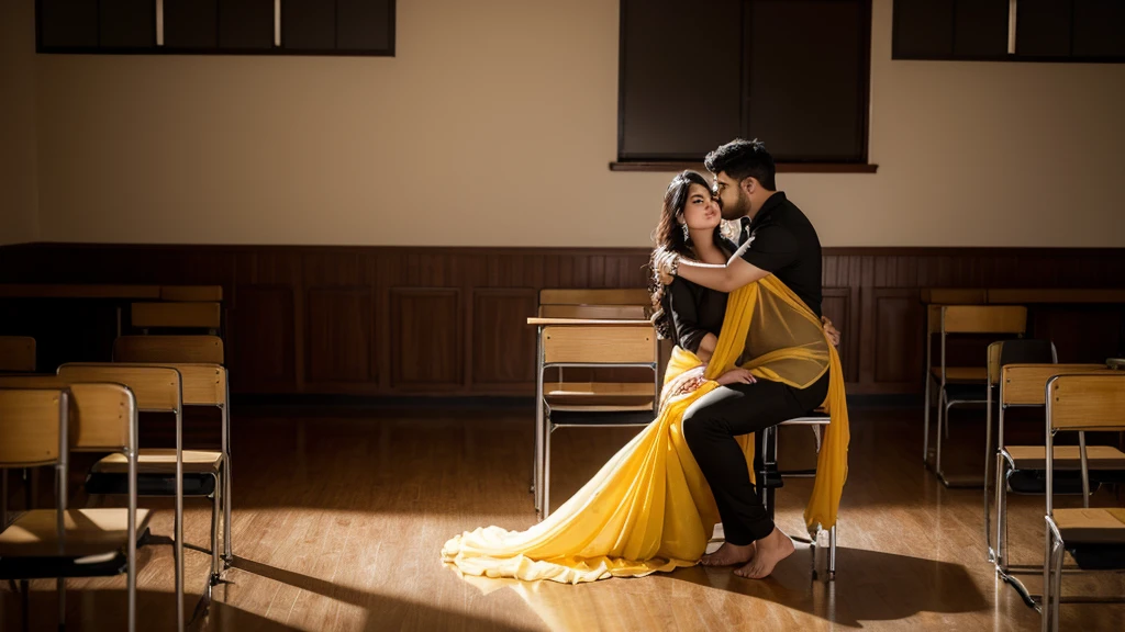 A 25 year old man hugging and kissing A 25 year old beautiful South Indian plus sized golden colour chiffon saree and black colour chiffon shirt wearing women in class room, full body image, photo taken from distance