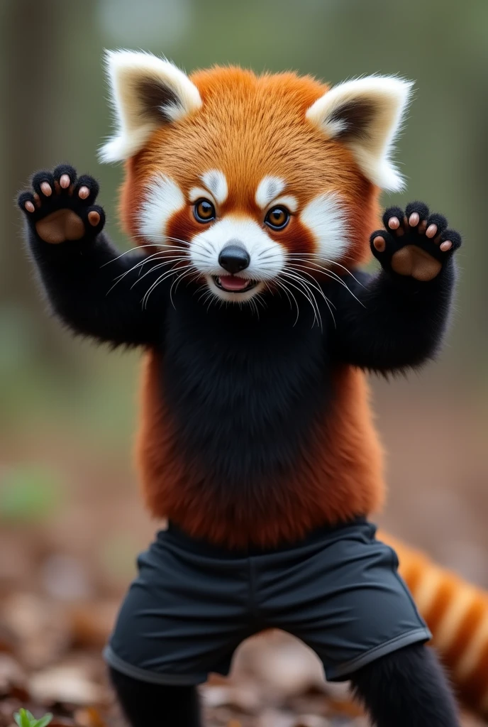 his adorable and determined personified red panda persona, He is watching the viewer、Standing Up、With hands up、Spreading palms、The lesser panda is striking a threatening pose., Shorts and a headband, Walking on solid ground. . The red panda's fur is fluffy and well-groomed., Add an engaging element to your intense training sessions. 8k resolution,