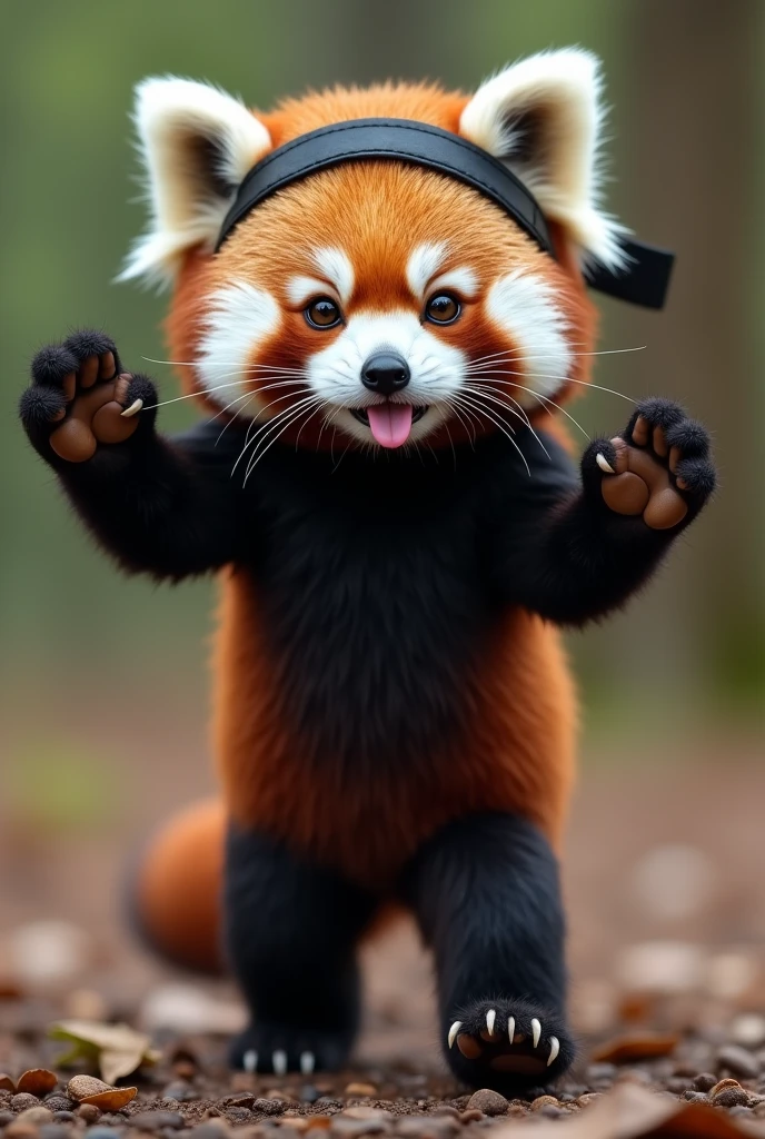 his adorable and determined personified red panda persona, He is watching the viewer、Standing Up、With hands up、Spreading palms、The lesser panda is striking a threatening pose., Shorts and a headband, Walking on solid ground. . The red panda's fur is fluffy and well-groomed., Add an engaging element to your intense training sessions. 8k resolution,