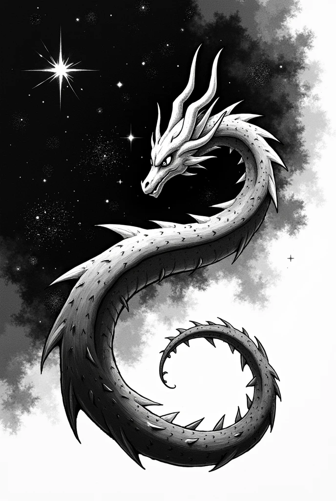 Rayquaza-style dragon painted in minimalist black and white ink with a space background