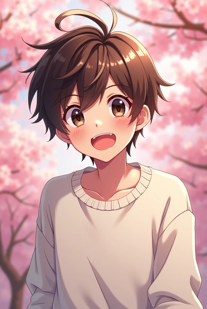 An anime young man with tea-colored hair and large eyes is looking at the camera.[[[[smile]]]], White sweatshirt，smileと輝く瞳, 大きな目と可愛いsmile, Shiny brown head, Black eyes gleaming,, Performance, Laughter,10th Generation