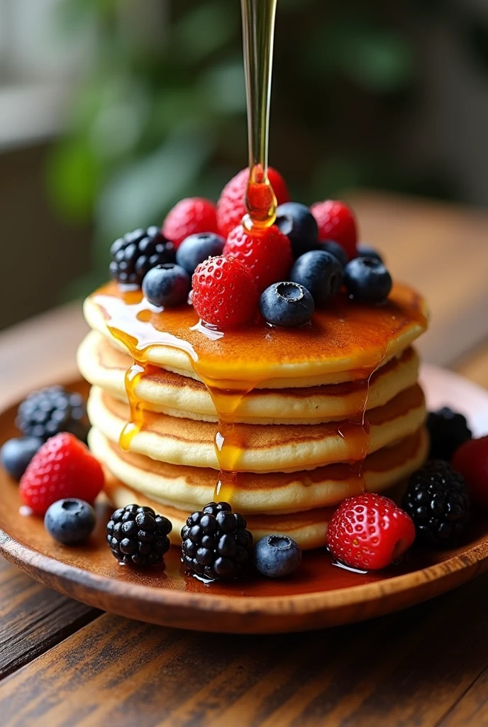 Pancakes on a plate with berries on top and honey on a wooden table 