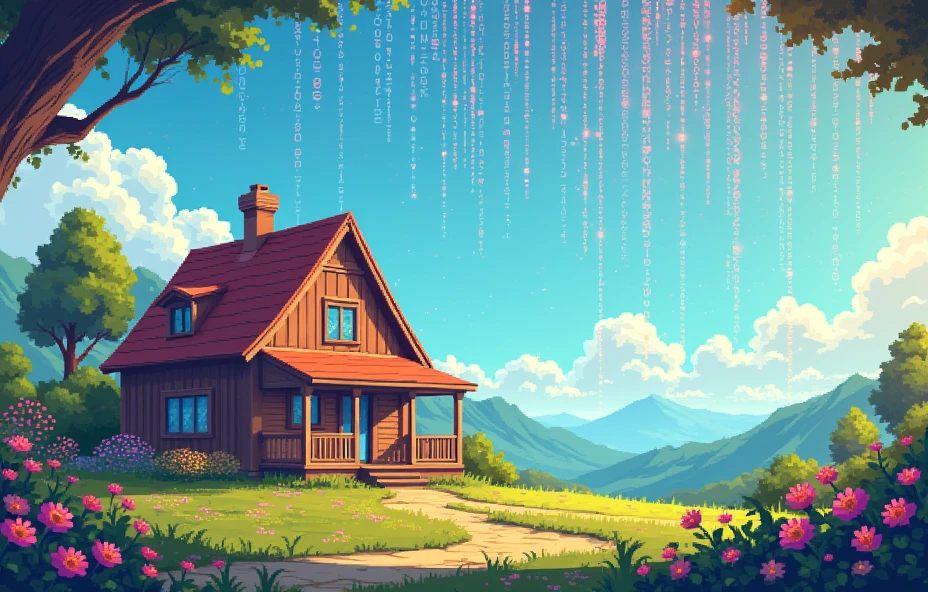 backround sunny pixel art, brown house pixel art, pixel art, binary data rain, pixel art