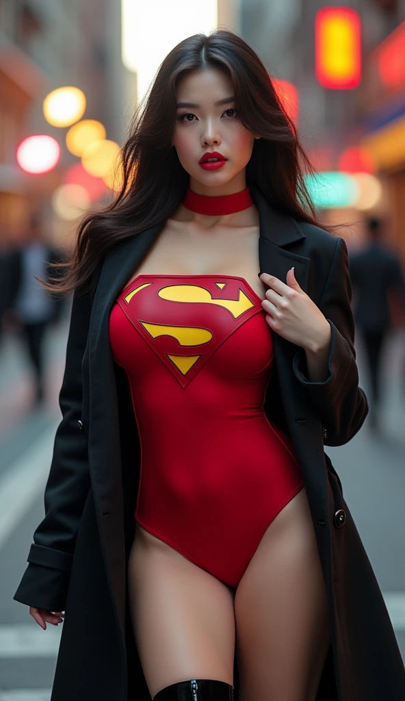 Beautiful curvy Chinese white skin girl, red lips, Red body suit, superman logo, Coat, boots, standing pose at photoshoot, highly detailed, hd, ultra detailed, ray tracing, high resolution, stunning visuals,