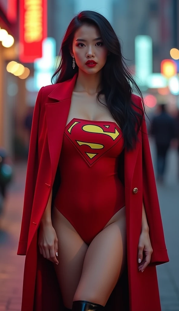 Beautiful curvy Chinese white skin girl, red lips, Red body suit, superman logo, Coat, boots, standing pose at photoshoot, highly detailed, hd, ultra detailed, ray tracing, high resolution, stunning visuals,