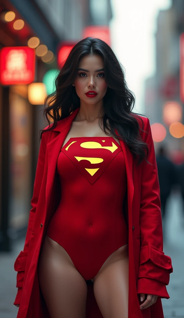 Beautiful curvy Chinese white skin girl, red lips, Red body suit, superman logo, Coat, boots, standing pose at photoshoot, highly detailed, hd, ultra detailed, ray tracing, high resolution, stunning visuals,