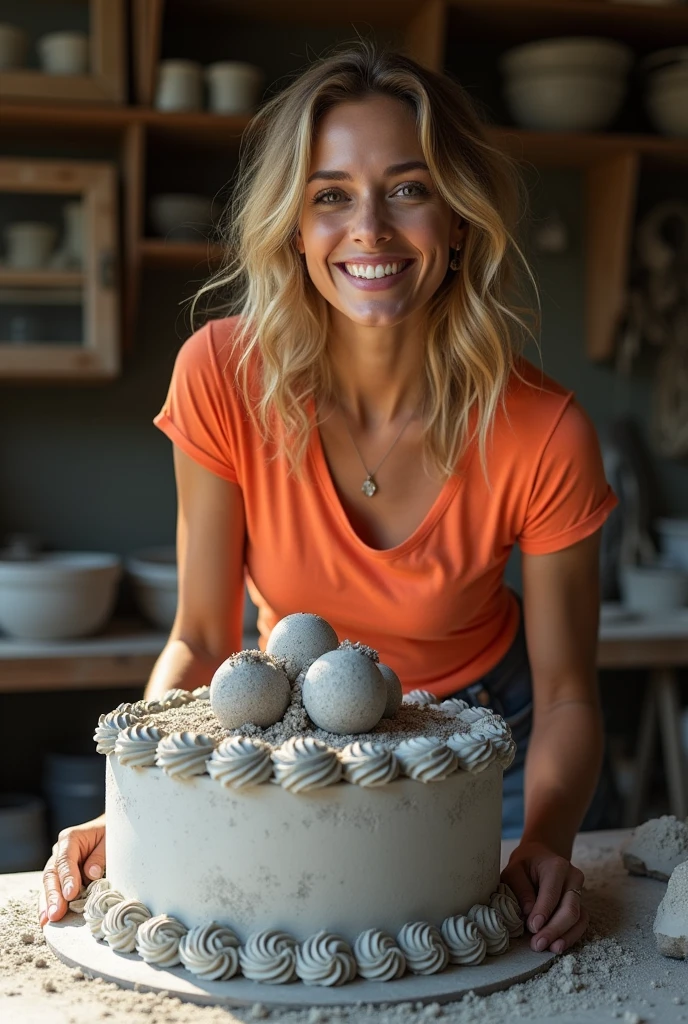 Une tres jolie femme, tailleuse de pierre, qui est en train de sculter une pierre pour en faire un gateau d'anniversaire. Cette femme est extrêmement jolie avec un sourire joli et est vetue d'un t-shirt très serré.