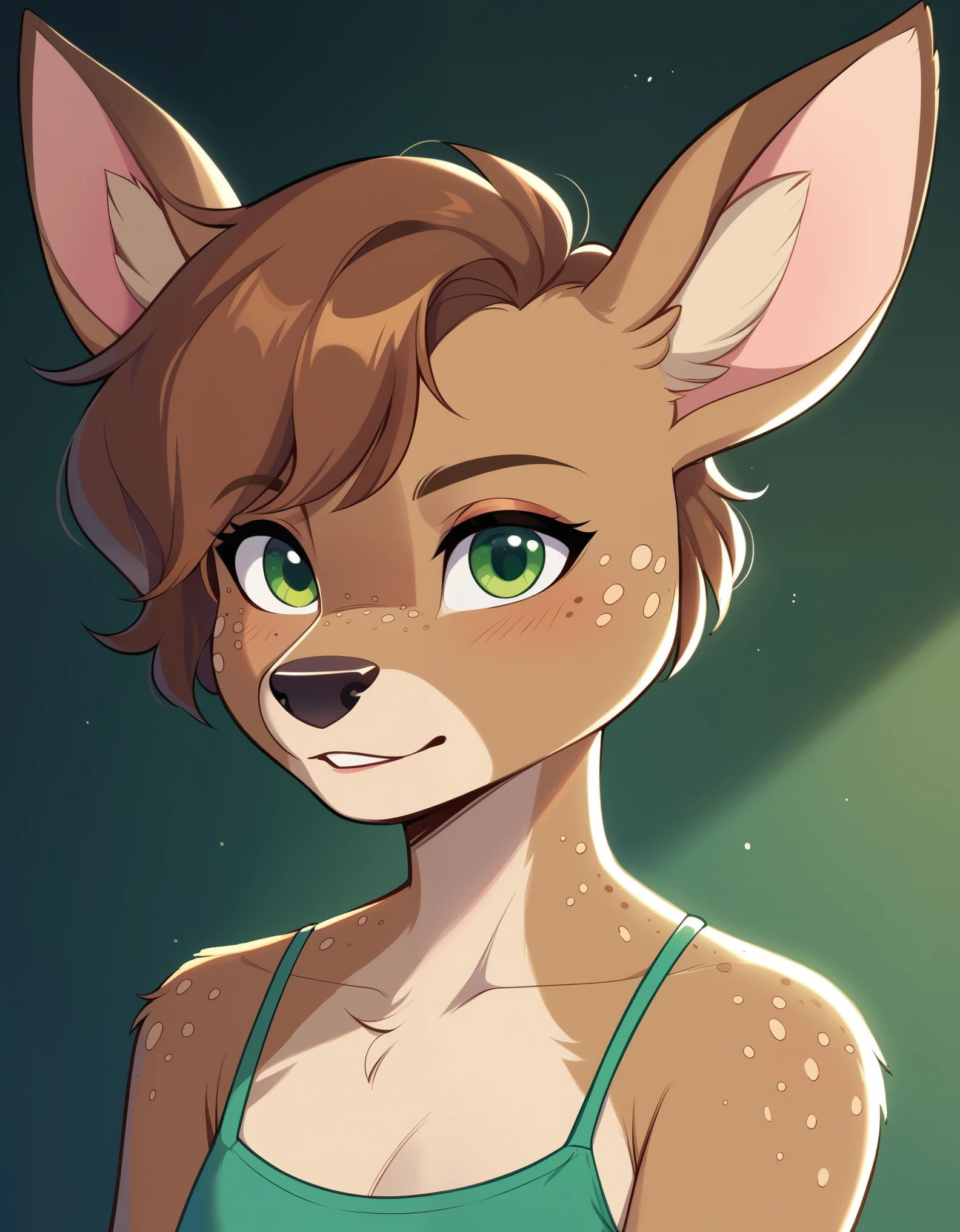 lotte, deer girl, furry female, body fur, animal nose, snout, animal ears, green eyes, brown hair, short hair, freckles,,