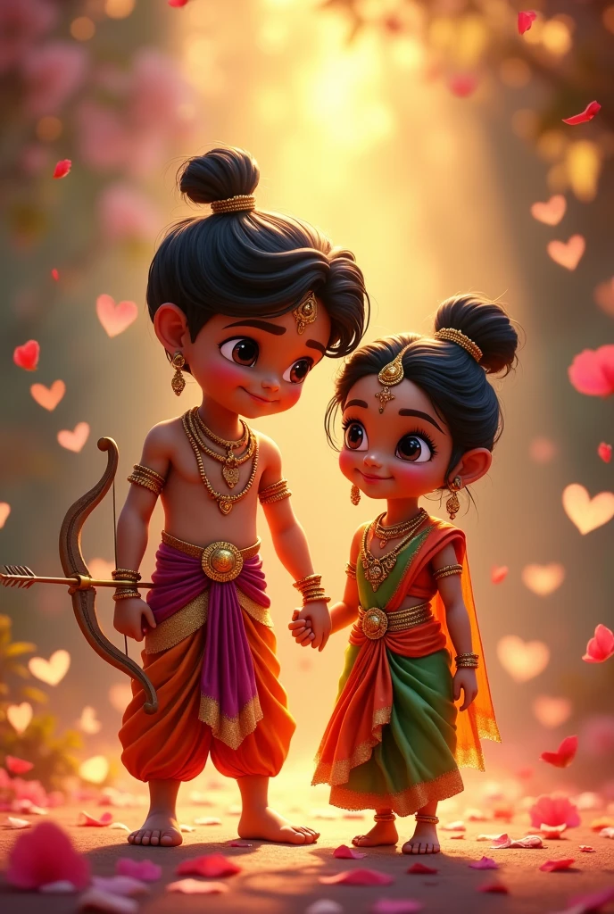 "Create a vibrant, animated-style image featuring two young, adorable, mythological characters. The male character, dressed in traditional Indian attire, holds a small bow and arrow, symbolizing a warrior spirit, with a calm and confident expression. He has a top-knot hairstyle, a simple crown, and a golden hue to his accessories. Beside him is a young female character, dressed in a colorful sari, exuding grace and innocence. Both characters have big expressive eyes, and their poses suggest a strong bond, with the girl gently holding the boy's arm. The background should be magical, filled with soft, glowing lights, heart shapes, and floating petals, creating a warm, festive atmosphere that highlights their connection. The overall feel should be bright, playful, and enchanting." In 9:16