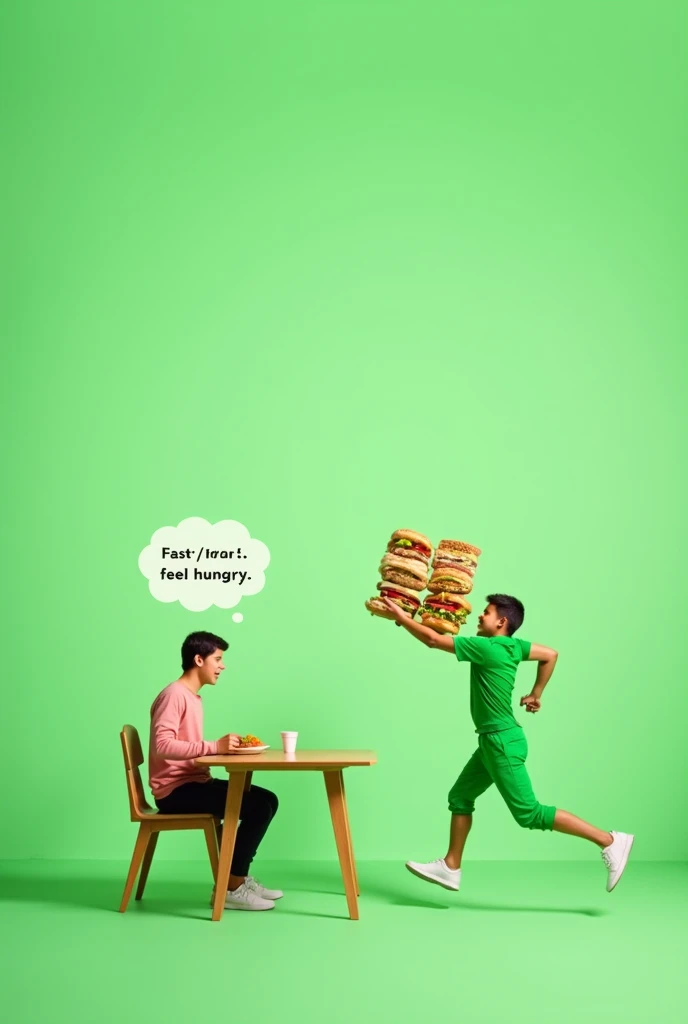 A green-themed, minimalistic advertisement for Swish, a food delivery startup. The image features a person sitting at a dining table hungry with a thought bubble that reads 'I am hung...'. Before the person can complete the thought, a delivery boy is swiftly running towards the dining table with food in hand. The setting is simple, with clean lines and a focus on green tones. At the top of the image, the text reads 'Faster than you can feel hungry,'