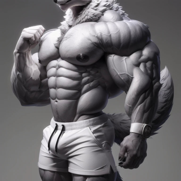 furry growth, hyper growth, hyper muscles, wolf, shirtless, white shorts, muscular, on a gray background