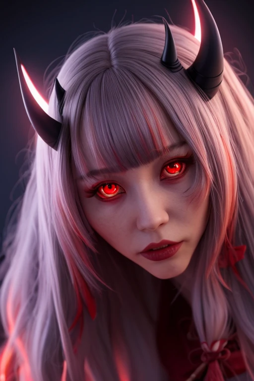 (8k, Highest quality, (from below:2), View your viewers: 1.3), Intricate details,One person, Nakiri Ayame, Demon Horns, Multicolored Hair, Long Hair, Red eyes, Gray Hair,