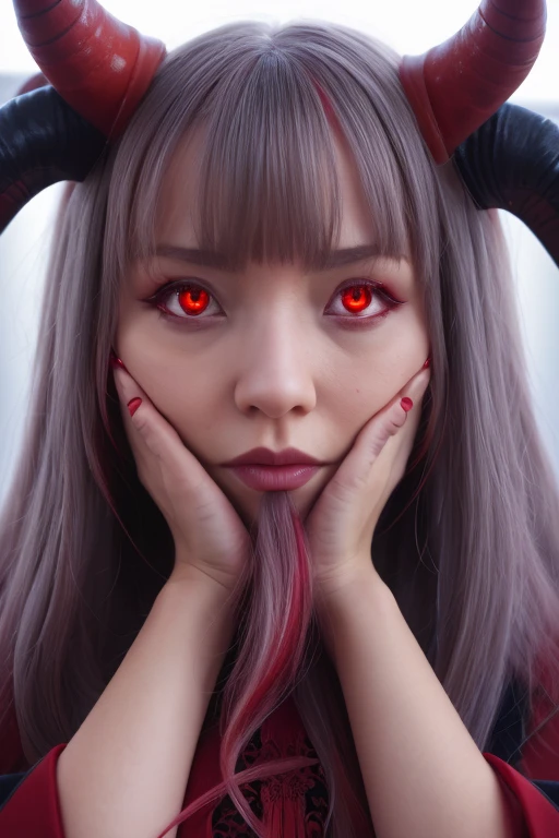 (8k, Highest quality, (from below:2), View your viewers: 1.3), Intricate details,One person, Nakiri Ayame, Demon Horns, Multicolored Hair, Long Hair, Red eyes, Gray Hair,