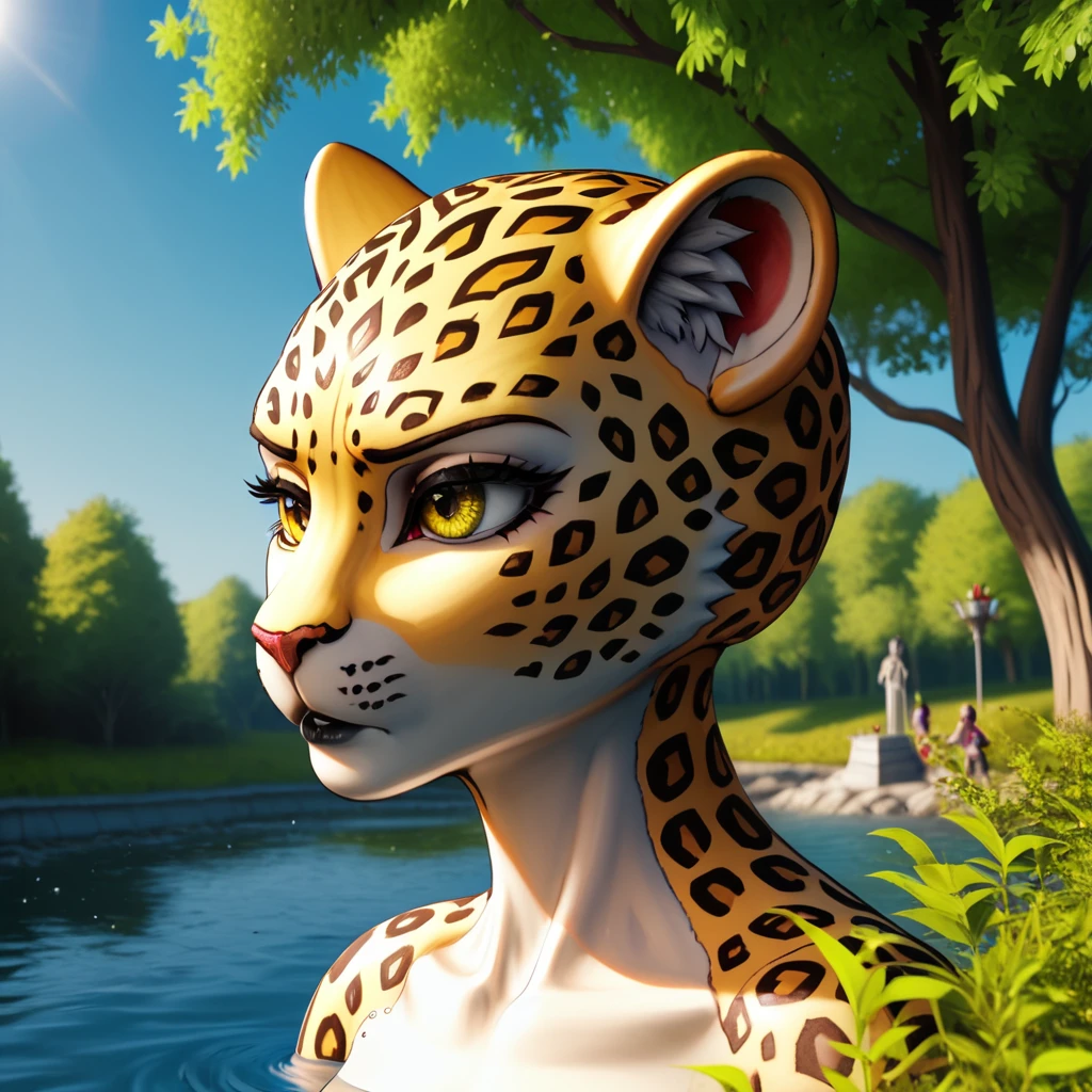 maozonia indigenous girl, 18 years old, bathing in a river, in the middle of the forest, a jaguar watching from afar, sad, Clockpunk, Gamercore, street level view, Blender rendering, 100mm, Sculpture, iridescent colors, Medicalcore, strobe lighting, ultra realistic, photorealistic, octane render, unreal engine, hyper detailed, volumetric lighting, hdr, octane render, fantasy 4k 8K