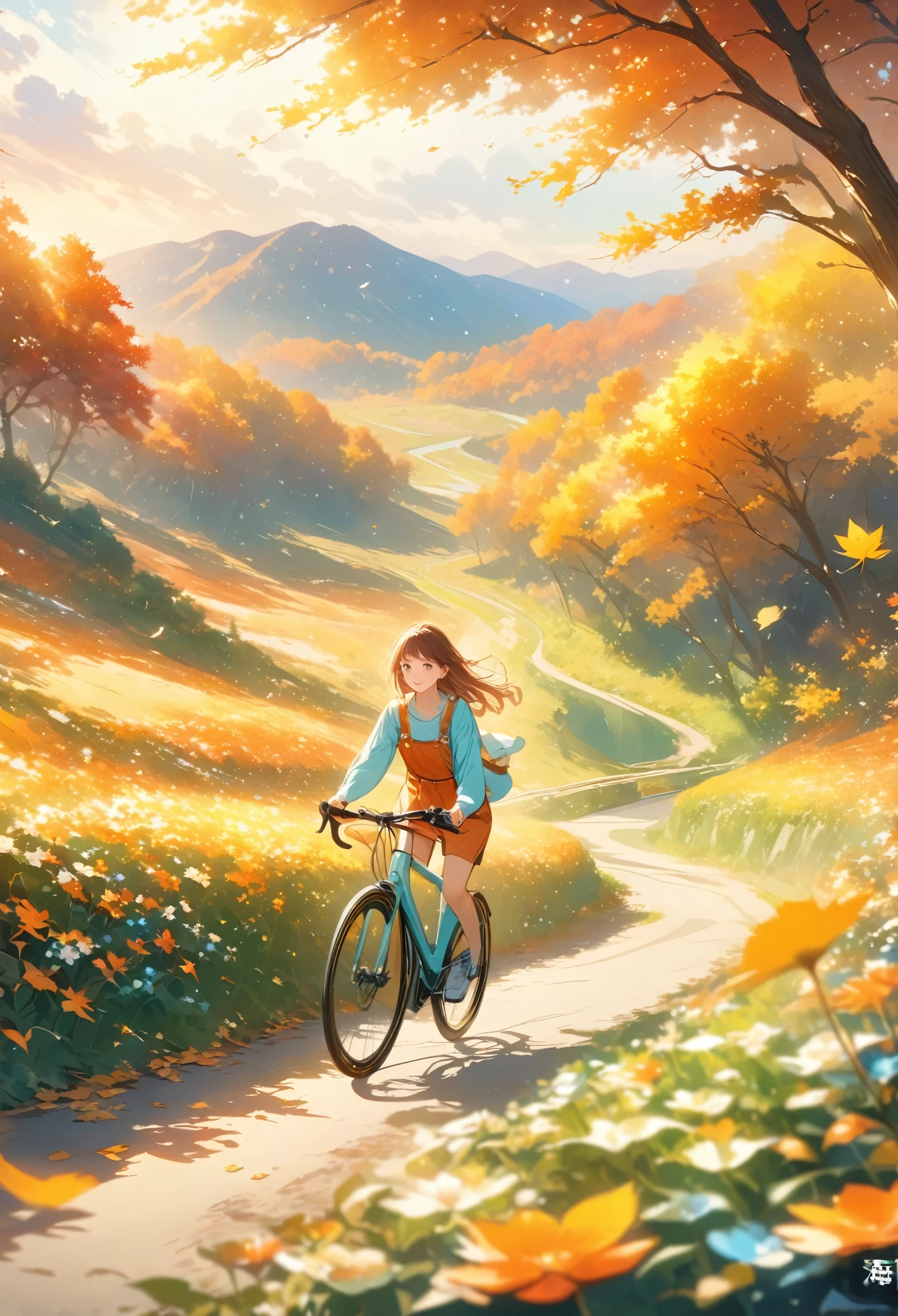 Creating award-winning, Ultra-realistic, Surreal landscape images，Depicts a very beautiful female rider riding gracefully through a peaceful autumn setting. Scene set in daylight, Warm sunlight streams through the golden autumn leaves, orange, and red, Casting Soft, The entire landscape radiates a dazzling glow. She rides on a road full of fallen leaves，Creaking sound from under the bicycle, More and more leaves gently fall from the trees, Creating a magical, Almost dreamlike atmosphere. cyclist, With an expression of peace and contentment, Blending with the natural environment, Her movements are smooth and elegant，Gliding through the serene environment. Landscape stretches to the distance, Rolling hills and colorful trees form a stunning backdrop，Enhances the serenity of the scene. The overall atmosphere is one of serene beauty and tranquility, Crisp, The cool air of autumn is almost tangible，The scene captures the perfect harmony between human beings and the breathtaking beauty of nature, Everything is bright, The clear sky is filled with the rich colors of the season."，Small flowers,Sunset,End,photography