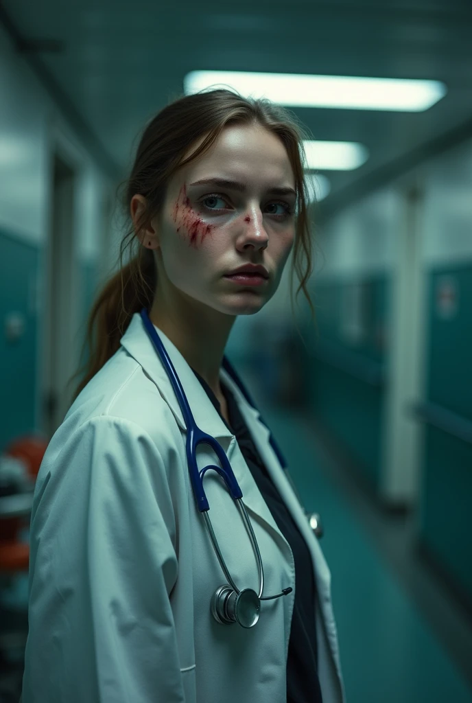 A young lady doctor with speciale with stathoscope crying with emotional face with blood and her face is scratch se