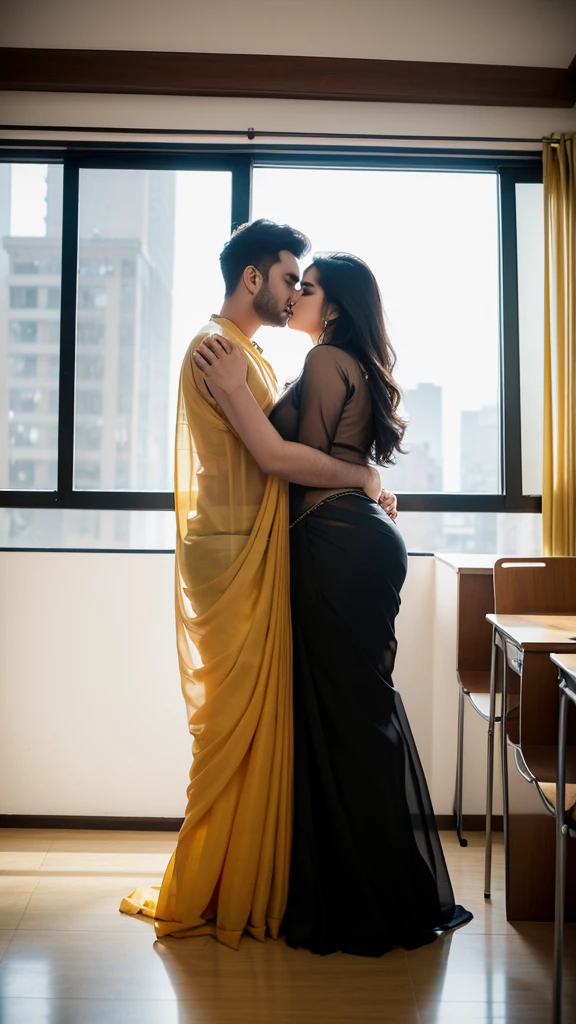 A 25 year old man hugging and kissing A 25 year old beautiful South Indian plus sized golden colour chiffon saree and black colour chiffon shirt wearing women in class room, full body image, photo taken from distance