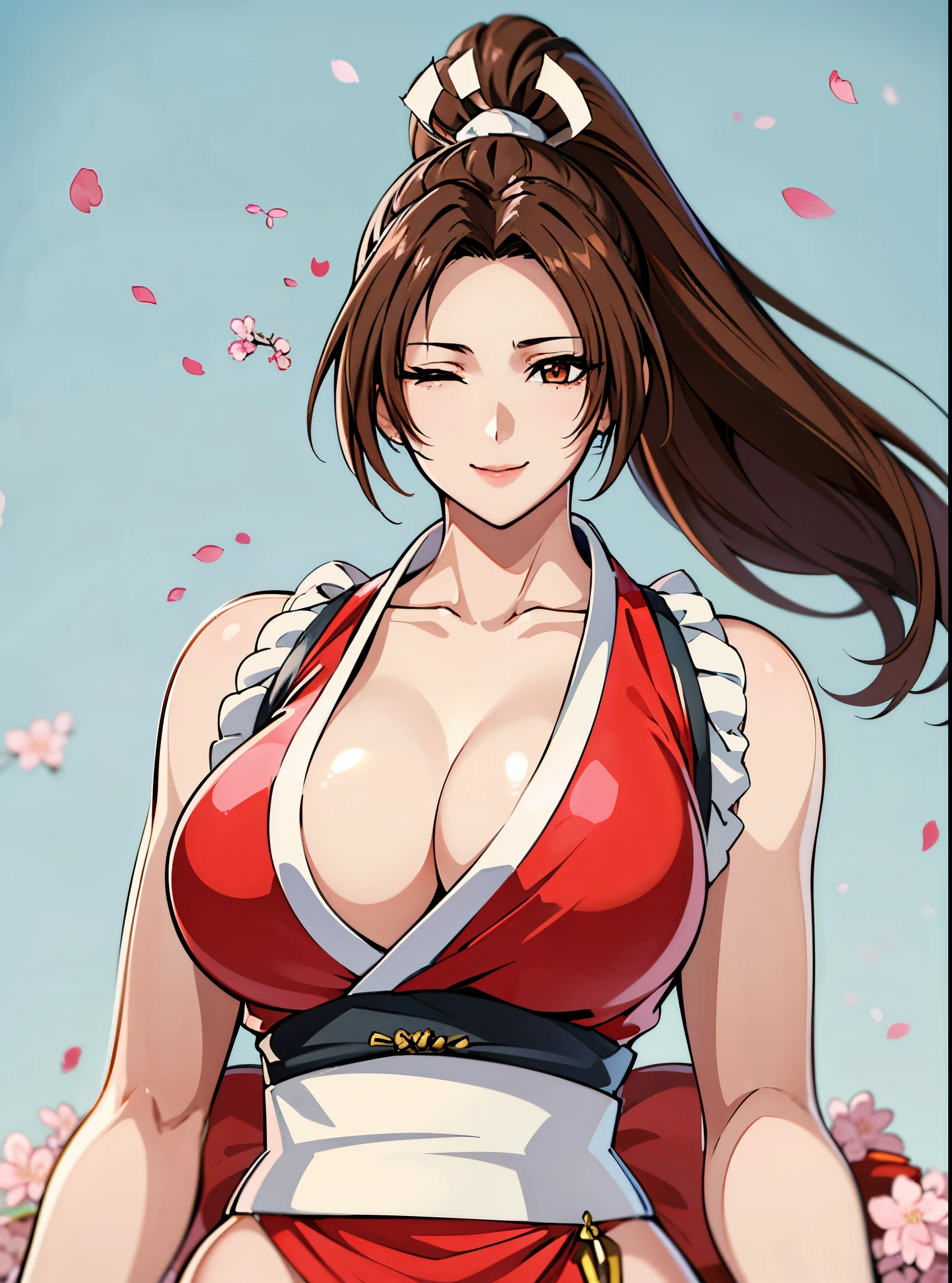 Close up portrait of woman in red costume holding sword, mai shiranui, kunoichi, yoko matsugane as Mai Shiranui, fighting game character, King of Fighters character, Akali, Tifa, Fascinating anime, Very detailedなアートジェム, Female Anime Characters, seductive Tifa lockhart portrait, Katana Zero video game characters、((Close one eye:1.3))、((8k)), ((32K)), ((Highest quality)), ((masterpiece)), ((超High resolution)), ((Tmasterpiece)), (((head shot:1.6)))、((8k)), ((32K)), ((Highest quality)), ((masterpiece)), ((超High resolution)), Fine skin、女性1 person、Red dress、((mai shiranui:1.2)), Expose your shoulders、Brown Hair, Brown eyes, Long and high ponytail, hair band, 1 person、Age 25, Japanese Mature, beautiful指, beautiful長い脚, beautiful体, beautiful鼻, beautifulキャラクターデザイン, Perfect Eyes, Perfect Face, jewelry, hair ornaments, king of fighters,(Captivating smile:1.3)、((Large Handheld Fan:1.6))、((Cherry blossom background:1.3))、 (Tabletop, Highest qualityの, Highest quality, beautifully、beautiful: 1.2), Very detailed, More detailed,適切な体のProfessionalポーション,Tabletop,Ultra-high quality output images,High resolution,Intricate details,Very delicate and beautiful hair,Realistic photos,dream-like,Professionalの照明,Realistic Shadows,Focus Only, (Big Breasts:1.2,) , フローティングスカートFine skinの質感, High quality fabric, High quality metallic texture、((Beautiful and dense face))、RAW Photos、Professional, Ultra-fine painting, ((alone)), beautiful胸、Highest quality, Very detailed, Very detailed詳細, Finer details, so beautiful,(Five Fingers, Four fingers and thumb),Concept Art, Anime fantasy artwork, Detailed fantasy art,8kHigh resolution, Detailed Art, 8 Slim legs, Defined, Defined fingers