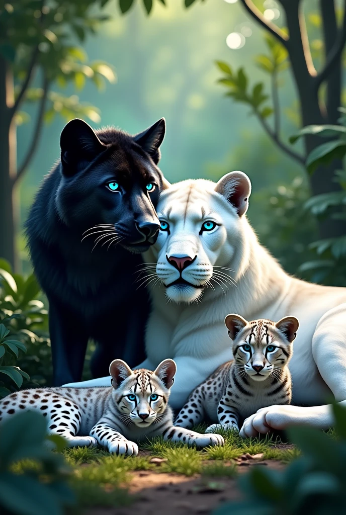 Blue-eyed Jaguar, white lion with blue eyes, black wolf with blue eyes, and aquamarine-eyed cheetah, all four lying together 