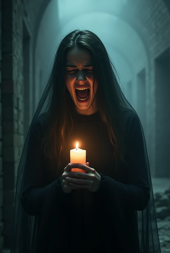 girl's ghost screaming in pain, mouth wide open, black color, holding candle, face and hands, front view, terrifying