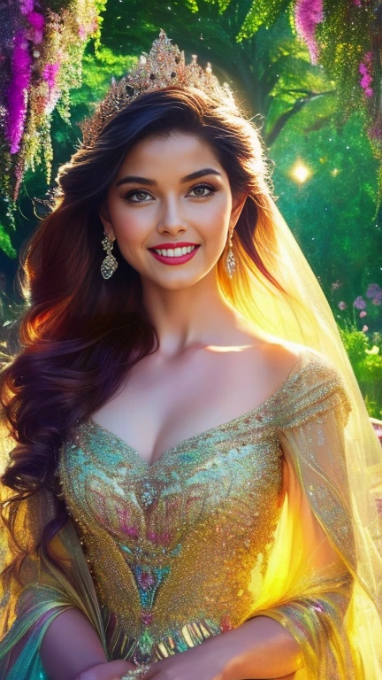 (a beautiful woman in a stunning gown of flowing silk with a radiant smile and captivating eyes),vibrant colors,highres,ultra-detailed,sharp focus,soft lighting,realistic,fantasy-inspired,portraits,subtle color palette,ethereal glow,fairytale,graceful,pastel shades,enchanted garden,lovely flowers,twinkling lights,whimsical ambiance