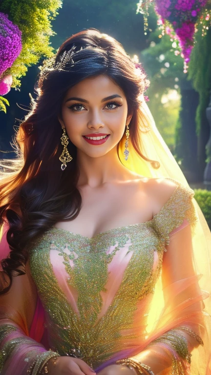 (a beautiful woman in a stunning gown of flowing silk with a radiant smile and captivating eyes),vibrant colors,highres,ultra-detailed,sharp focus,soft lighting,realistic,fantasy-inspired,portraits,subtle color palette,ethereal glow,fairytale,graceful,pastel shades,enchanted garden,lovely flowers,twinkling lights,whimsical ambiance