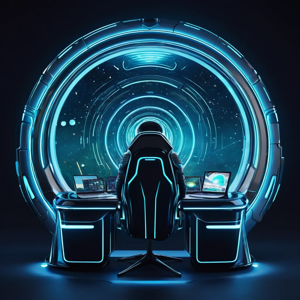 generate a brand strategy image in a futuristic intergalactic style in the form of. There should be a navigator (computer, computer as a living organism). Make a wild style