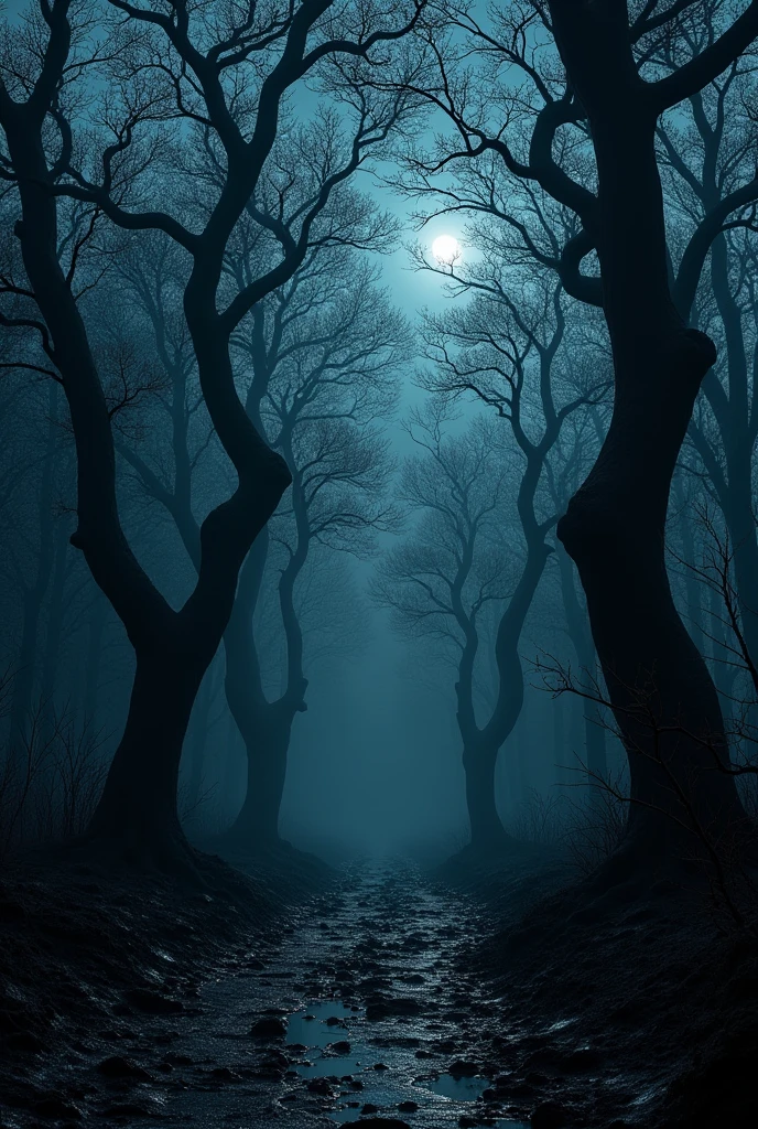 Dark dump wet forest at night with a hint of blood thrilling and that matches with "blackwoods and blackthornes"