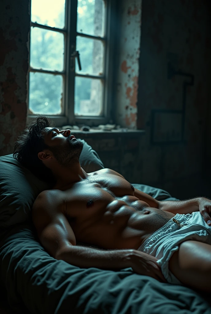 Crazy man, cute and attractive, perfect body anatomy, attractive muscular body, messy, beautiful and sweaty body , and he is wearing very transparent, dirty white shorts, marking the large volume in front of the bulge, is lying in the middle of a bed in the dark night dirty slum
