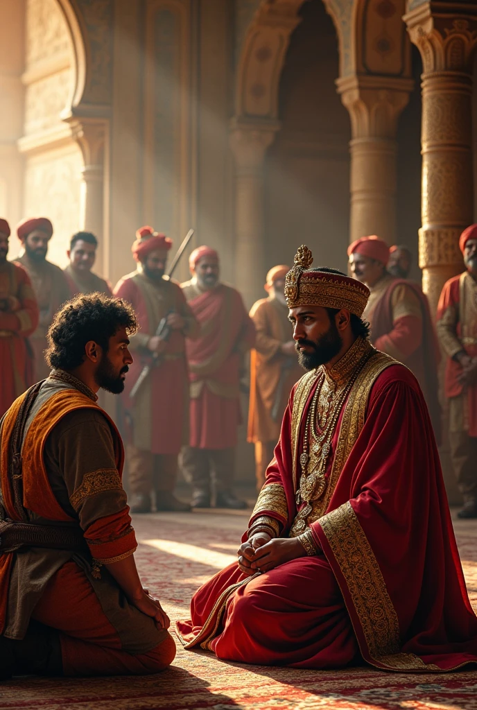 "A scene showing a messenger kneeling before Akbar mugal, delivering the news of Maharana Pratap’s victory. Akbar’s face is a mixture of frustration and a somber realization. In the background, Mughal generals are depicted in conversation