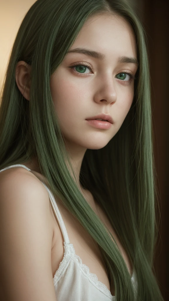 portrait of a girl. european. extremely detailed face. delicate features. oval face. long face. half-closed eyes. green eyes. long straight hair. green hair. big breasts. sad. shy. timid