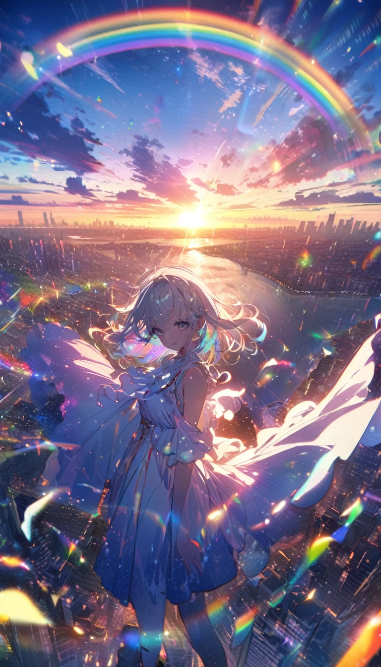 Angelic, detailed woman, sunrise, rainbow, after the rain, horizon, in the sky, city , lens flare, colorful, high-res, 8K