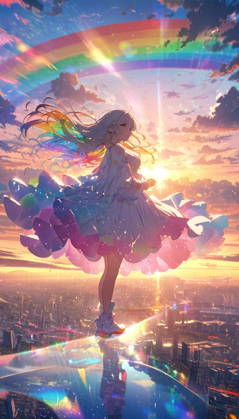 Angelic, detailed woman, sunrise, rainbow, after the rain, horizon, in the sky, city , lens flare, colorful, high-res, 8K