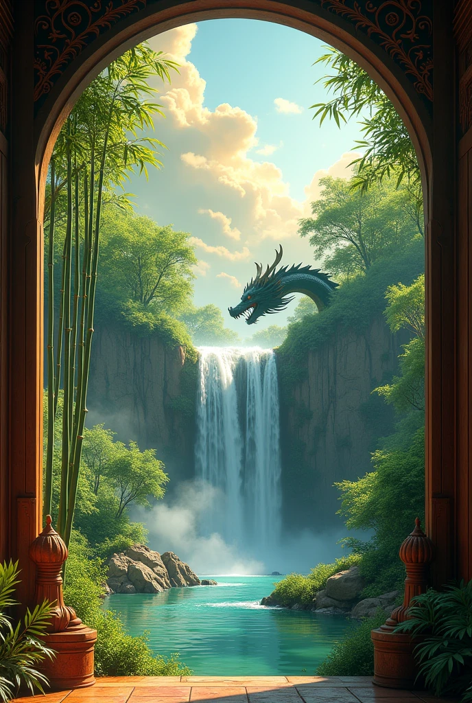 Waterfall basin　bamboo　Golden Cloud　near　Beautiful window frames　Fewer rocks　Fantasy　null　龍が出てきそうなnull間