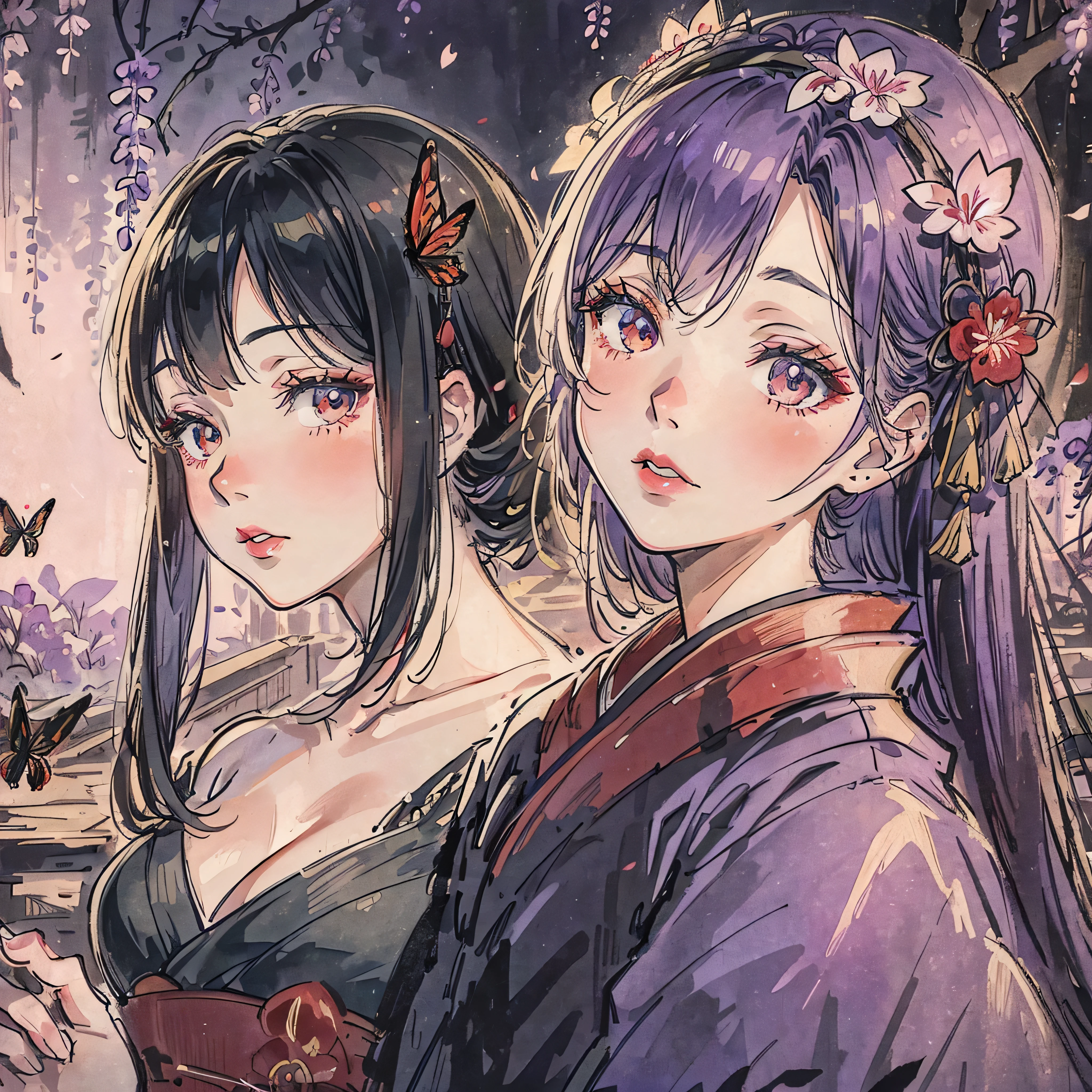 1 beautiful decent woman in the wisteria forest,  dark night, , (Beautifully Aesthetic:1.2),wisteria, peace, tranquility, serenity, petals, red kimono, red lip, butterflies, decent