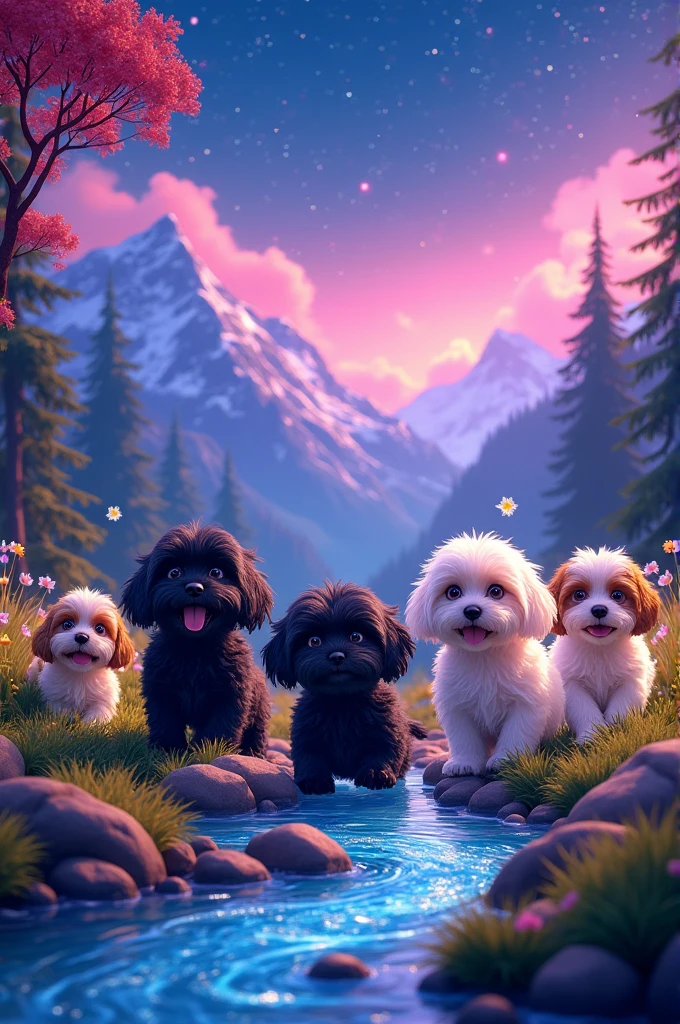 Create a disney movie poster titled Welcome to the Shiht Show in neon colors, mountains and creek on poster, 2 adorable black she tzu puppies, 1 adorable white shih tzu puppy, 1 white and gold shih tzu puppy, 1 white and brown shih tzu puppy, 3D Pixar style