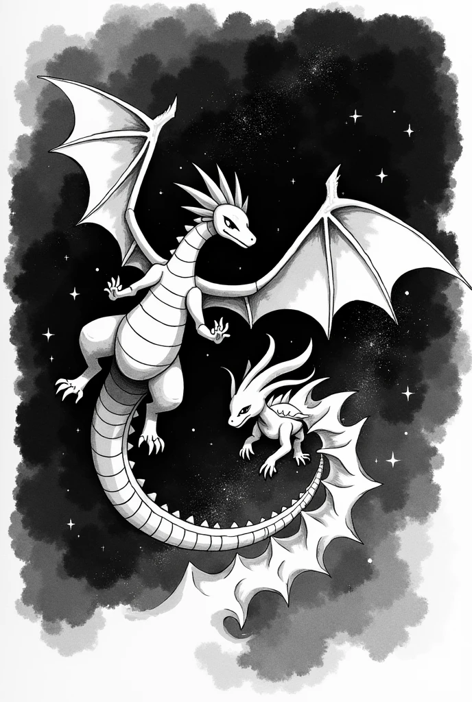 Rayquaza style dragon painted in minimalist black and white ink with a space background battling Deoxys