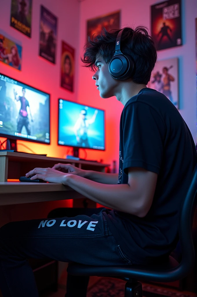 Give me a picture of a college student boy who play free fire and he wearing a black denim which is written No Love