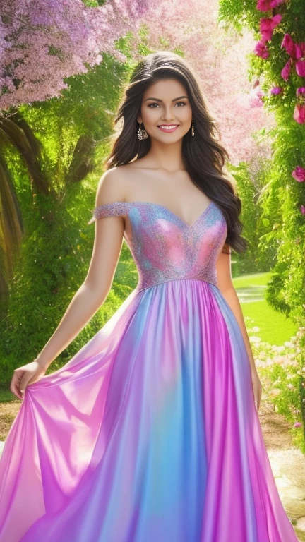 (a beautiful woman in a stunning gown of flowing silk with a radiant smile and captivating eyes),vibrant colors,highres,ultra-detailed,sharp focus,soft lighting,realistic,fantasy-inspired,portraits,subtle color palette,ethereal glow,fairytale,graceful,pastel shades,enchanted garden,lovely flowers,twinkling lights,whimsical ambiance