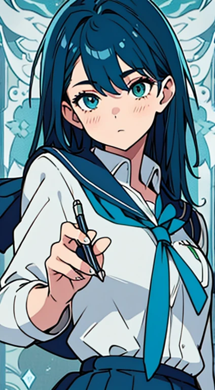 a girl in school uniform green + blue eye holding a pen school backrond