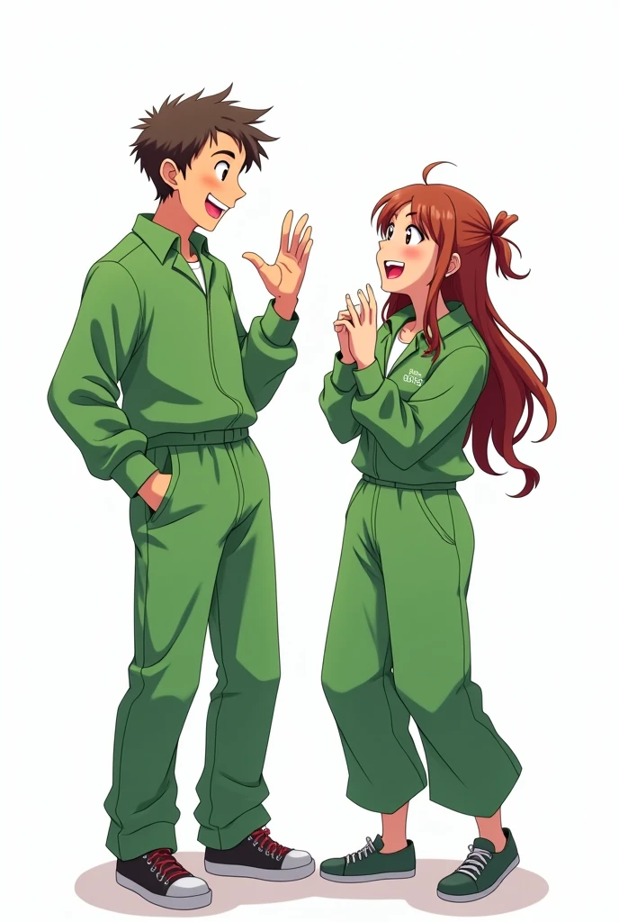 A man and a woman, both wearing green long-sleeved casual jumpsuits, are talking happily.
Anime style, please.
White background.