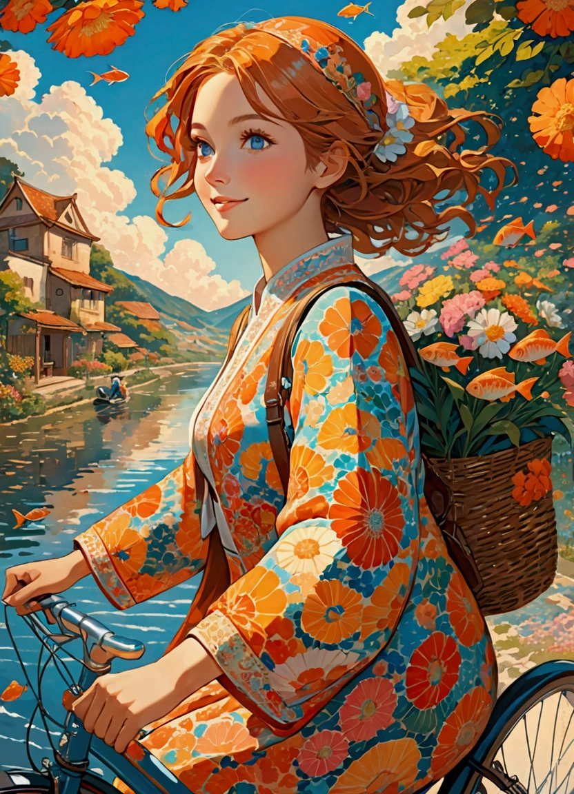 (masterpiece:1.4), (best quality:1.4), Extremely detailed, complex, Ultra Detailed, (Perfect face), illustration,Soft lighting, landscape, 1 girl riding a bicycle, Happy, Bright russet hair, rich and colorful, flower, from_below ,Fish pattern_Costumes