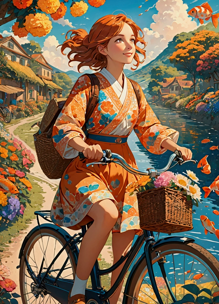 (masterpiece:1.4), (best quality:1.4), Extremely detailed, complex, Ultra Detailed, (Perfect face), illustration,Soft lighting, landscape, 1 girl riding a bicycle, Happy,  Bright russet hair, rich and colorful, flower, from_below ,Fish pattern_Costumes 